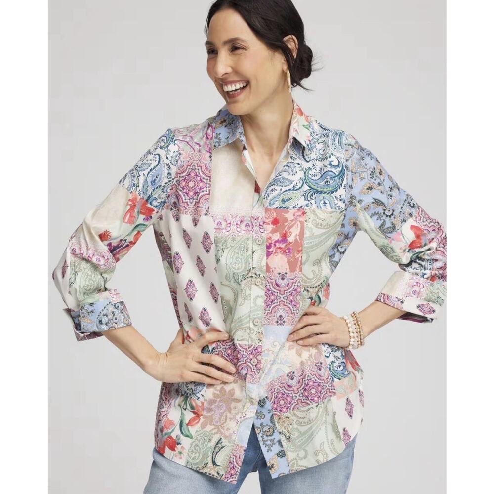 Chicos Multicolor Patchwork Button Front No Iron Floral Paisley Print Sz 18